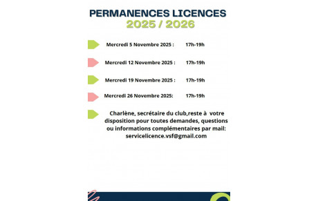 Licences 2025-2026 : Permanences de Novembre